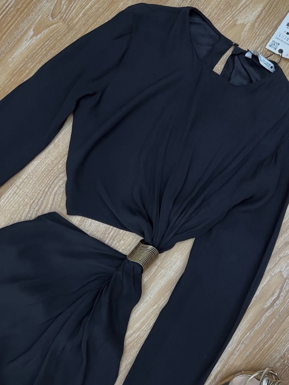 Zara Black Long-Sleeve Midi Dress with Gold Ring Detail - Picture 2 of 5